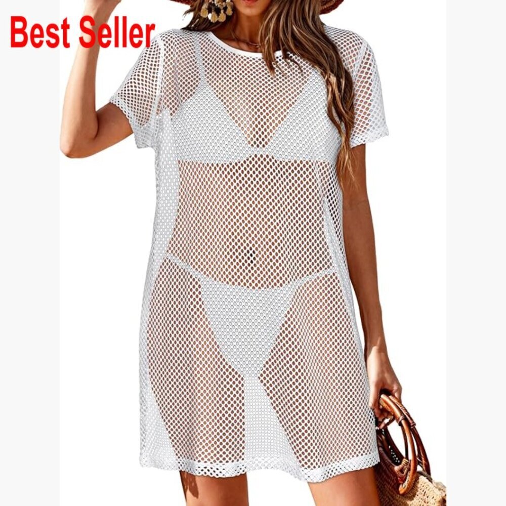 Polyester Hollow Out Beach Coverup Dress Short Sleeve Swimwear - Picture 1 of 6